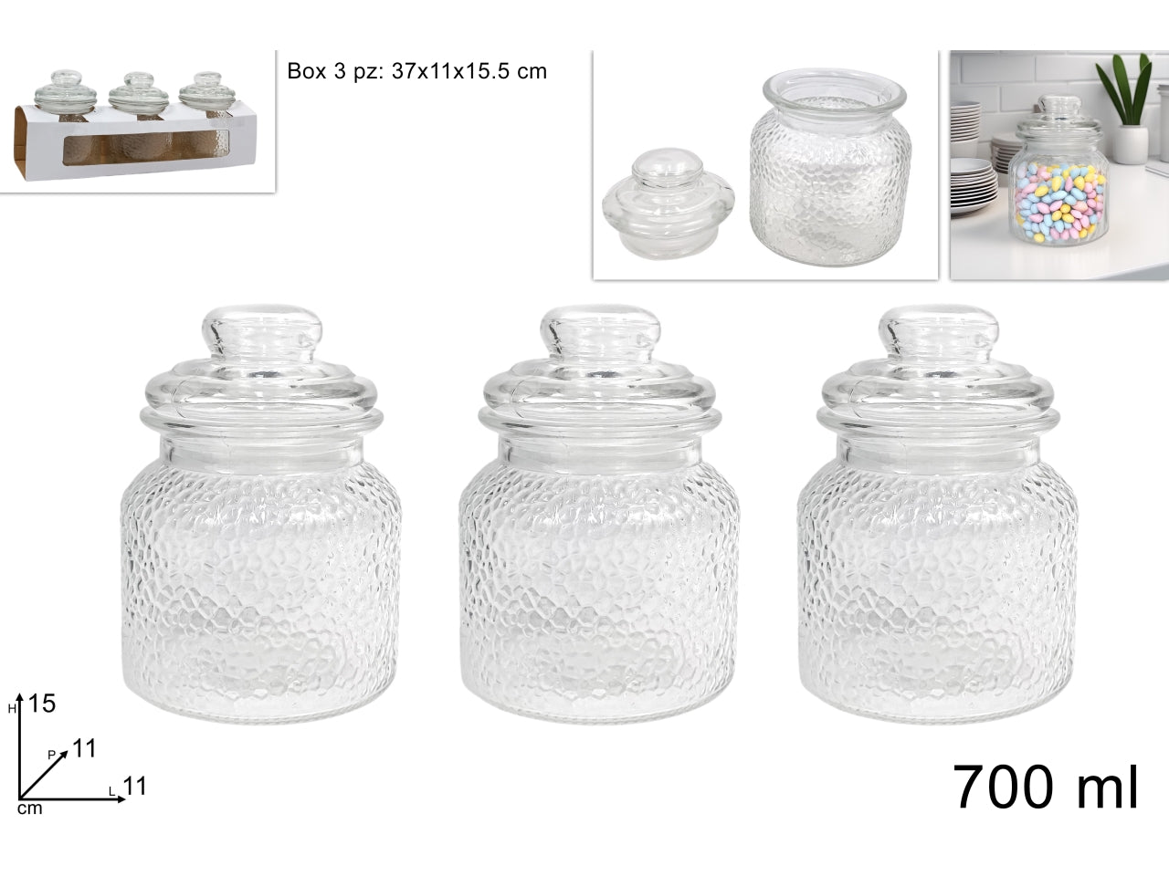 Barattoli in vetro fantasia, set da 3 barattoli da 700ml con tappi ermetici
