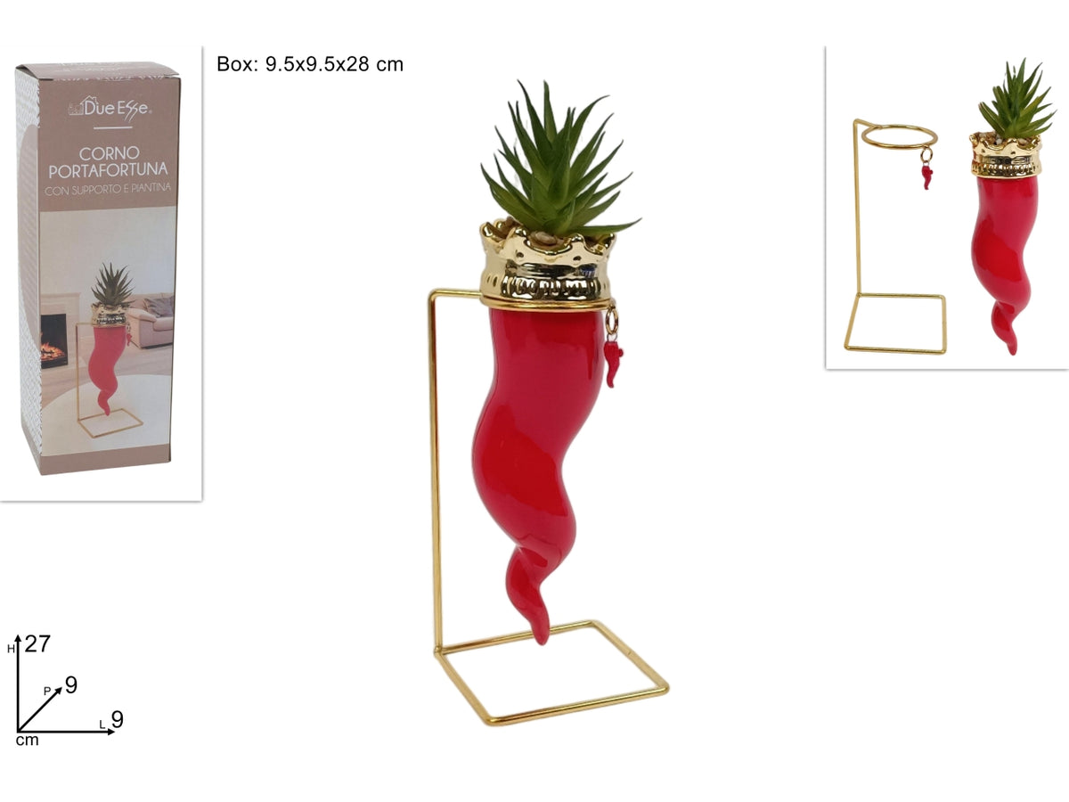 Corno rosso in ceramica con piantina grassa e base in metallo
