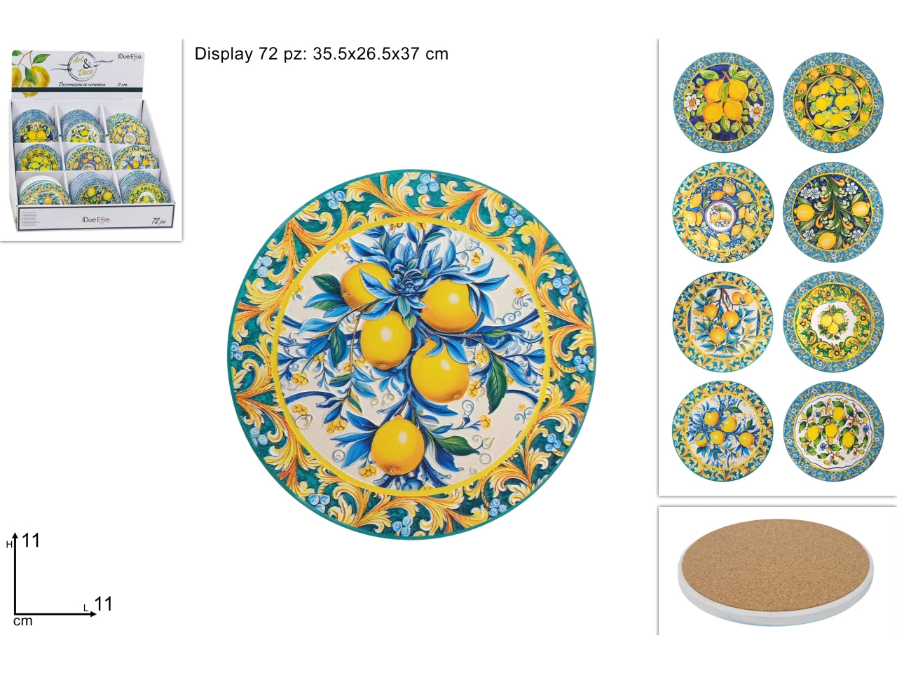 Sottobicchiere in ceramica decoro limoni con base sughero 11cm, vari assortimenti