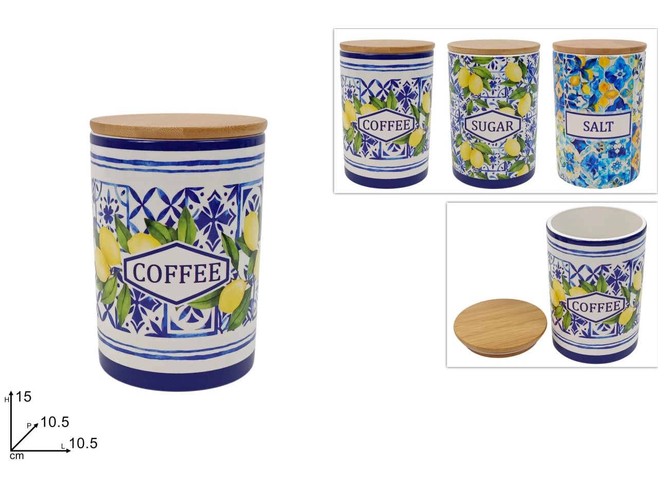 Barattolo ceramica 10,5xh.15cm decorazione limoni con tappo in sughero in 3 assortimenti