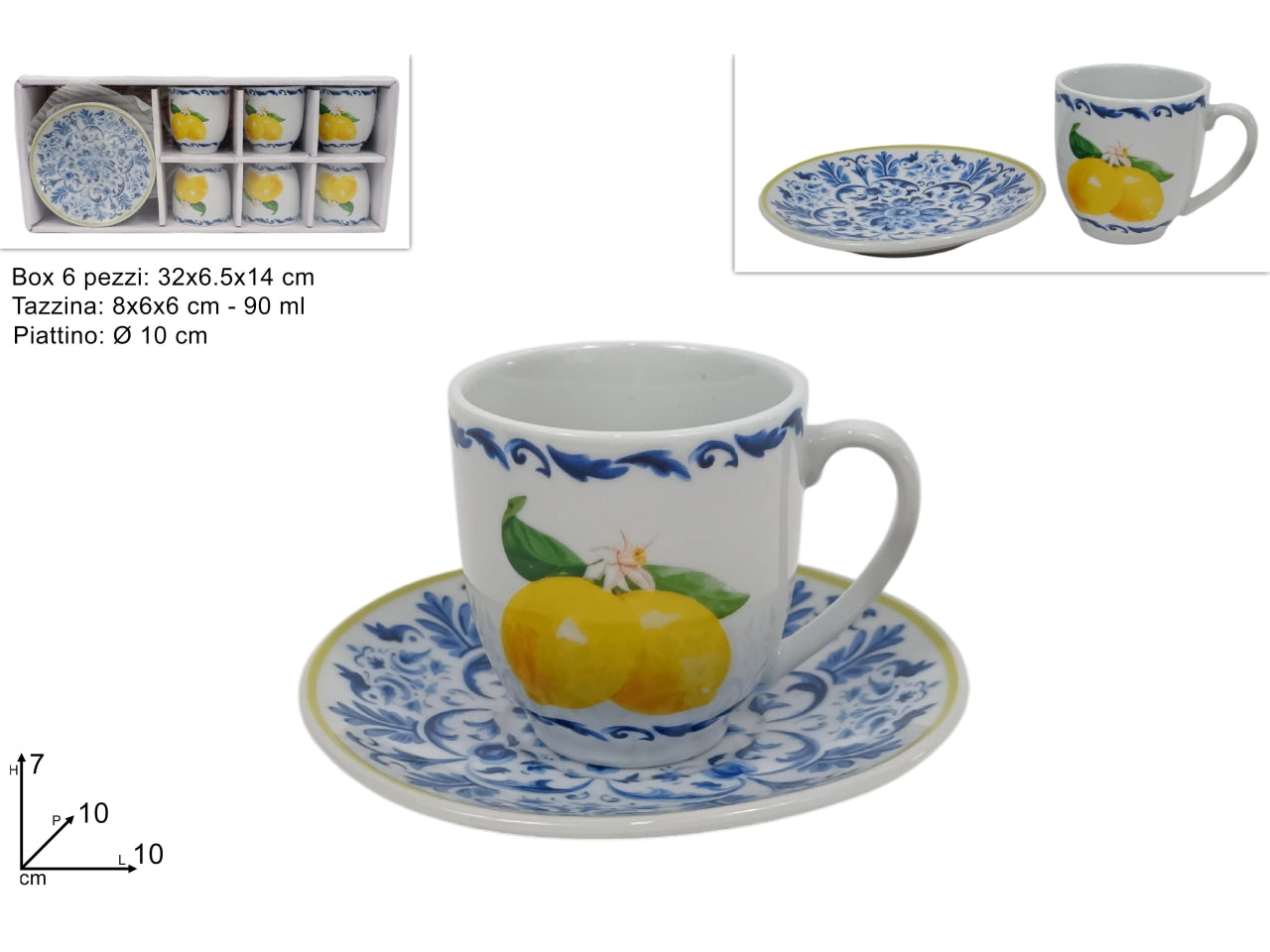 Tazzine 90ml con piattino in porcellana decorazione maiolica con limoni, confezione da 6 tazzine e piattino