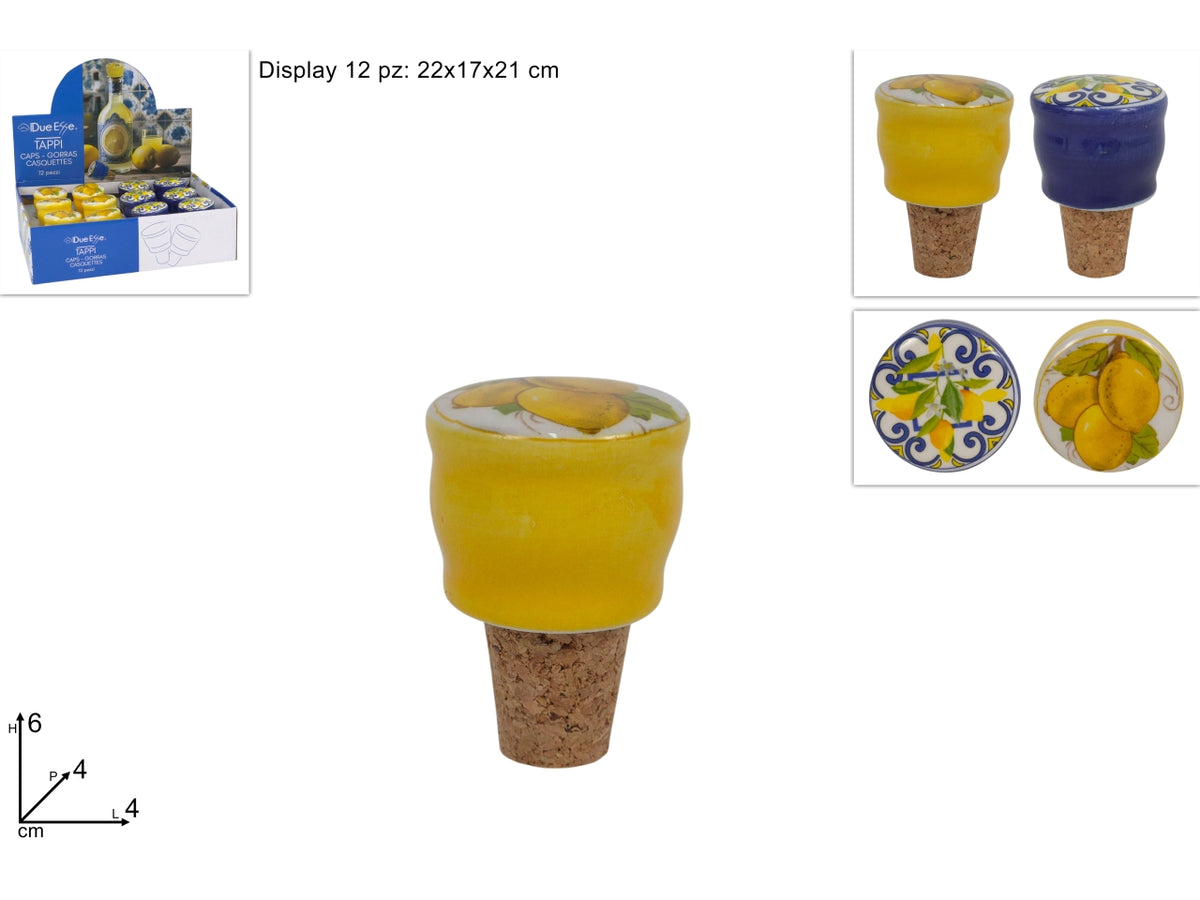 Tappo in sughero e ceramica con limoni in 2 varianti di colori