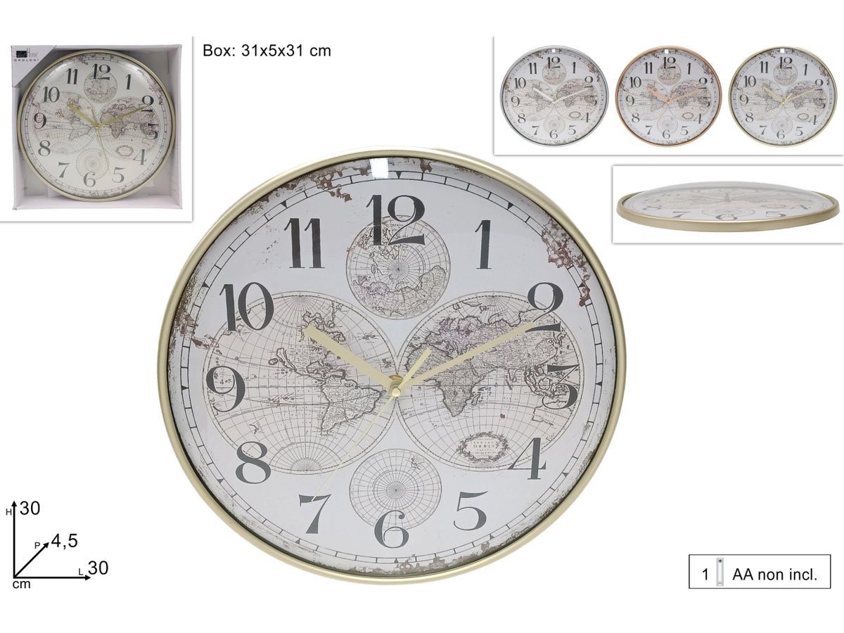 Orologio da muro tondo 30cm con mappamondo in 3 varianti di colore