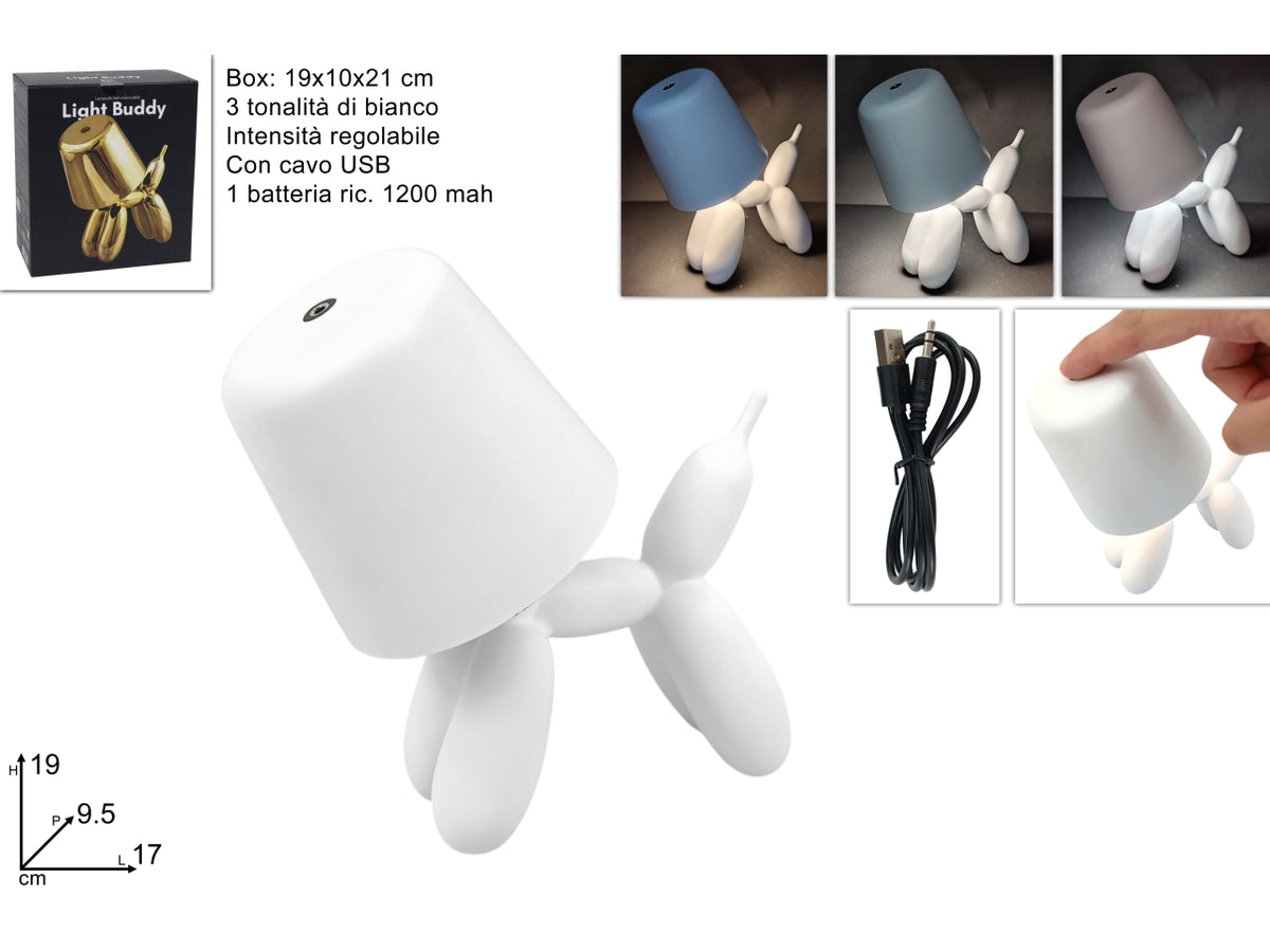 Lampada cane stilizzato bianco touch ricaricabile con cavo