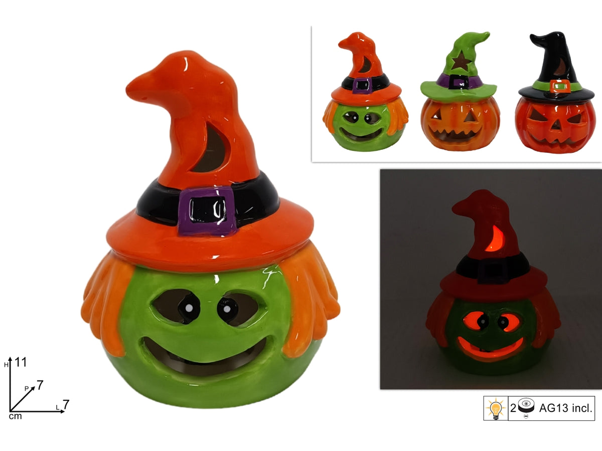 Zucca in ceramica luminosa con cappello 7xh.11cm, 3 soggetti assortiti
