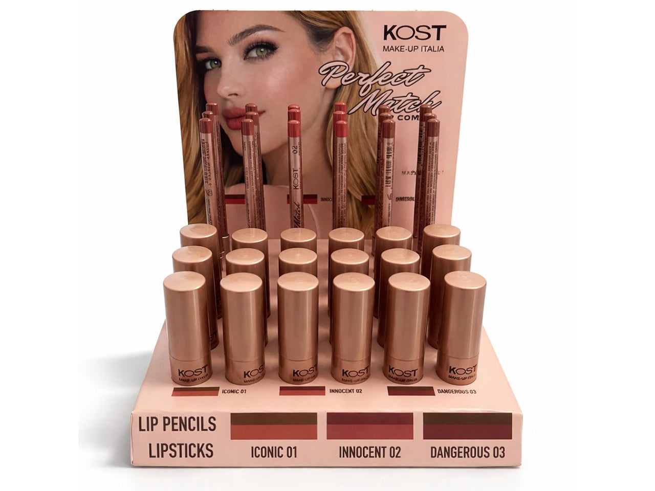 Espositore Lip Combo Perfect Match Kost 01 con 18 rossetti e 18 matite labbra