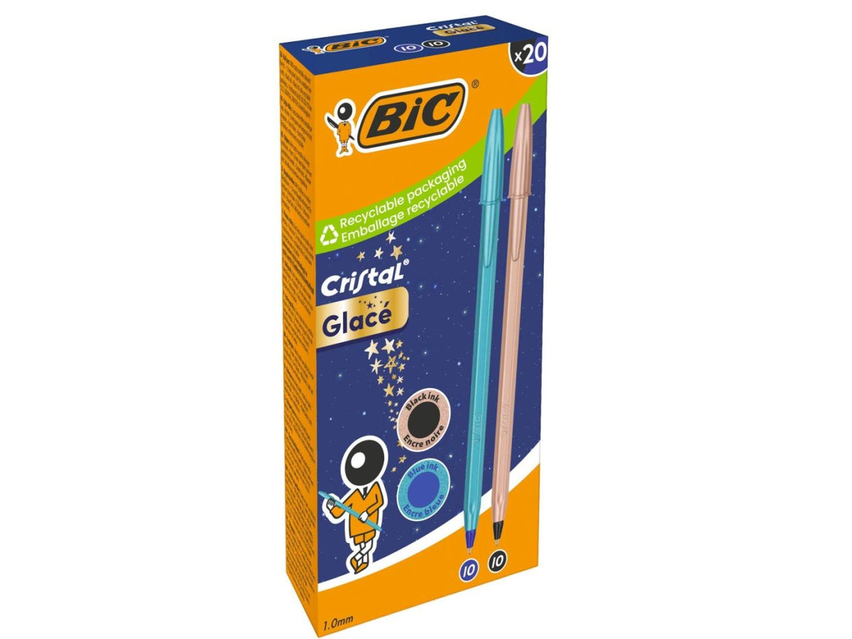 Bic Cristal Glacé penna sfera punta media inchiostro blu e nero con fusto turchese e rosa in confezione da 20 penne assortite