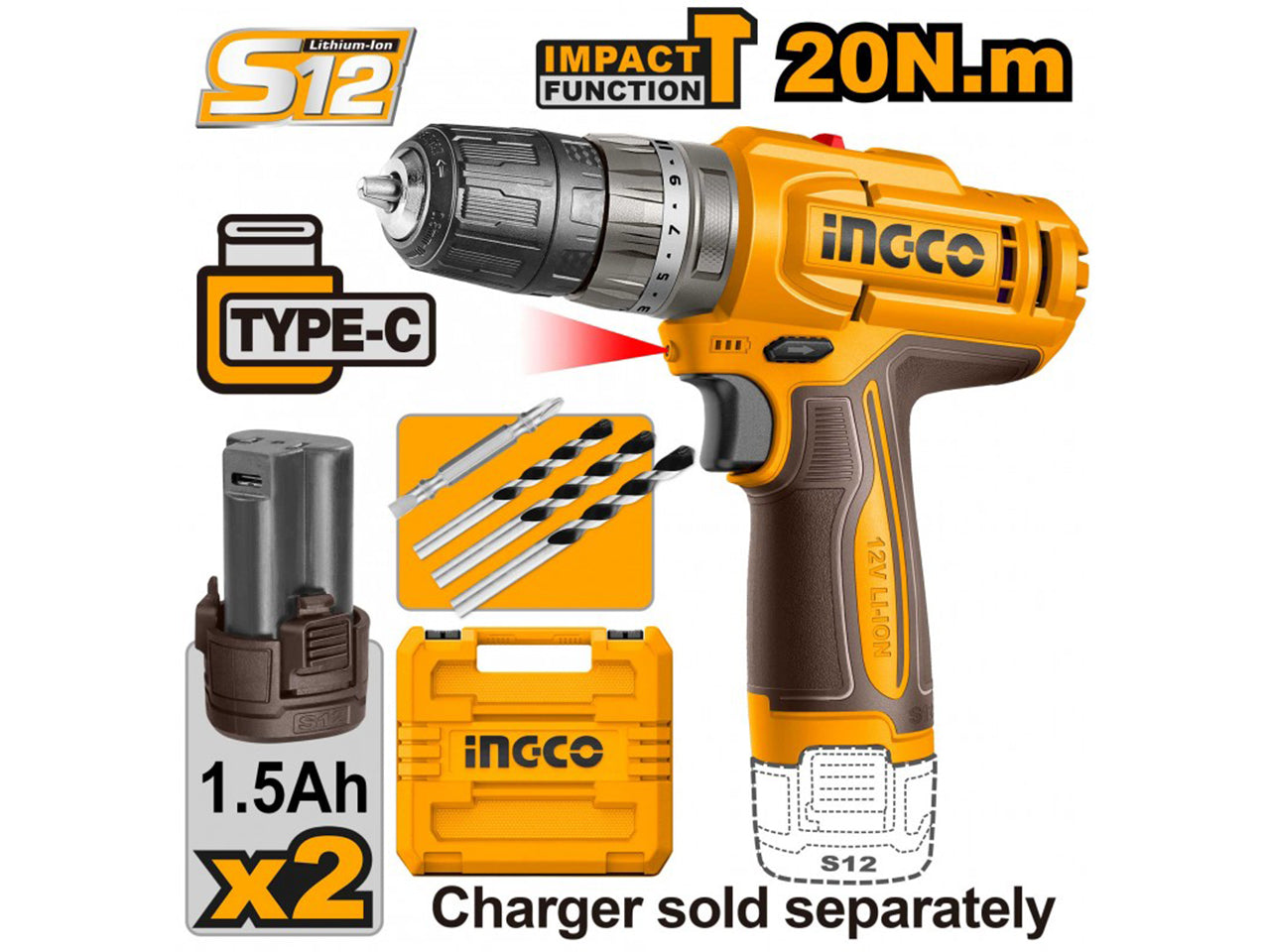 Trapano percussione a batteria 12V con 2 batterie 20Nm