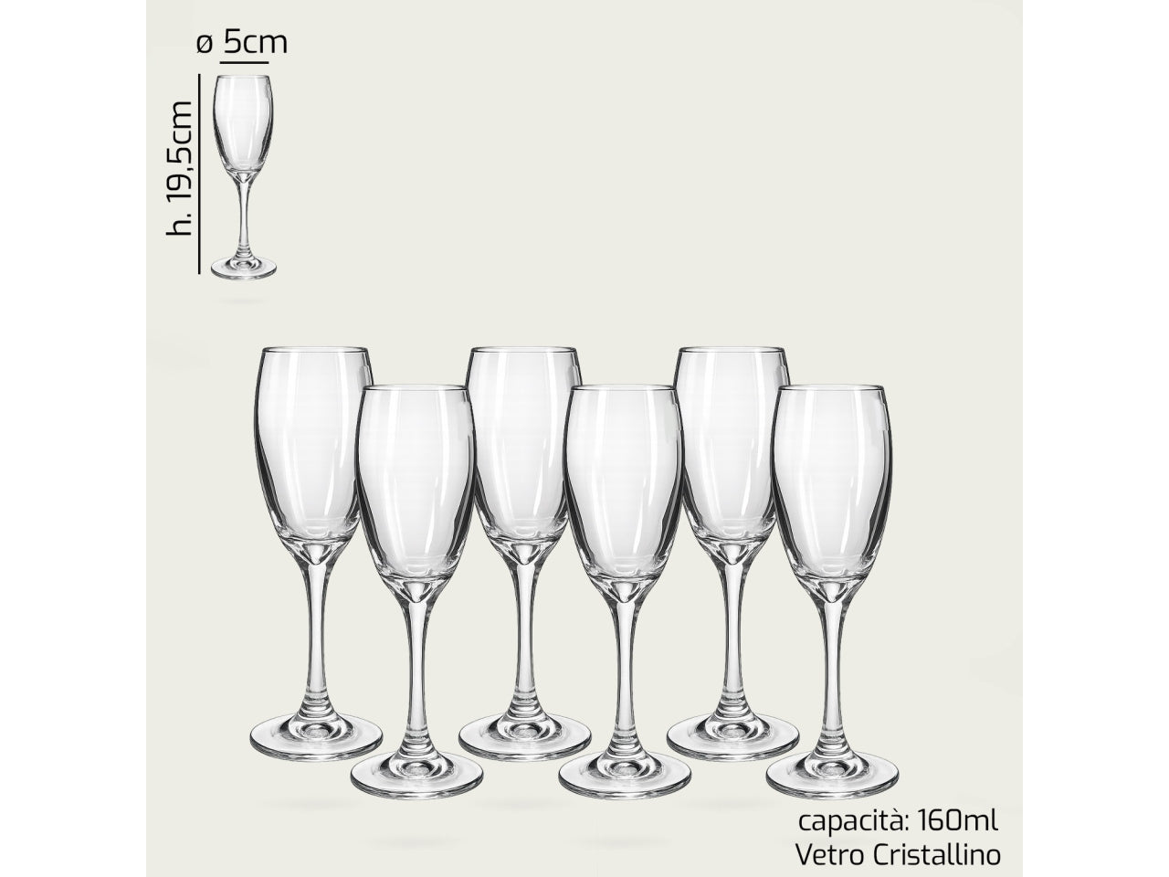 Flute in vetro trasparente 19,5cm 170cl in confezione da 6 flute