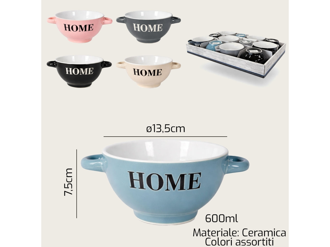 Ciotola in ceramica con 2 manici 14xh.7,8cm 630ml in colori assortiti