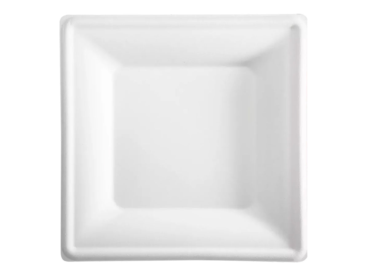 Piatto quadrato piano bagassa in fibra di canna da zucchero 26x26cm in confezione da 50 piatti