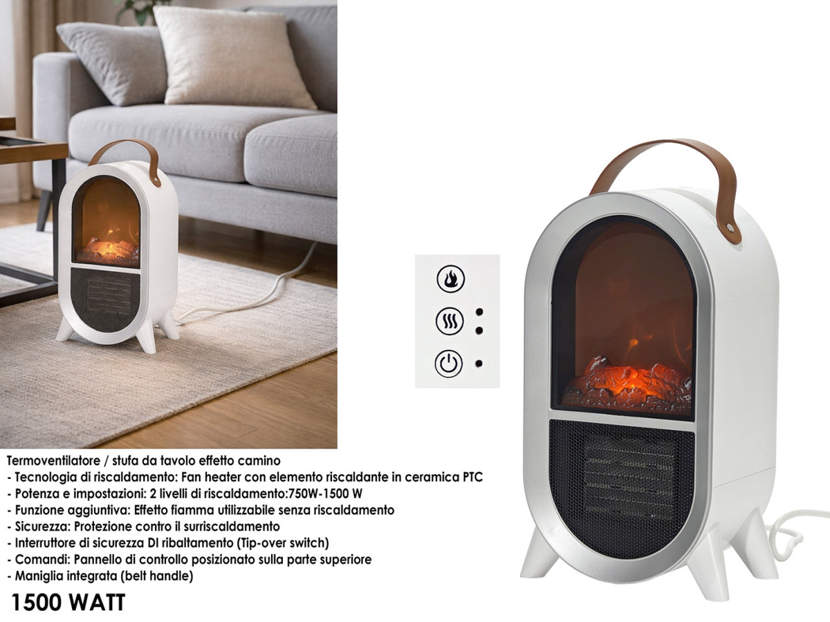 Termoventilatore effetto camino bianco con 2 livelli di riscaldamento 750-1500Watt