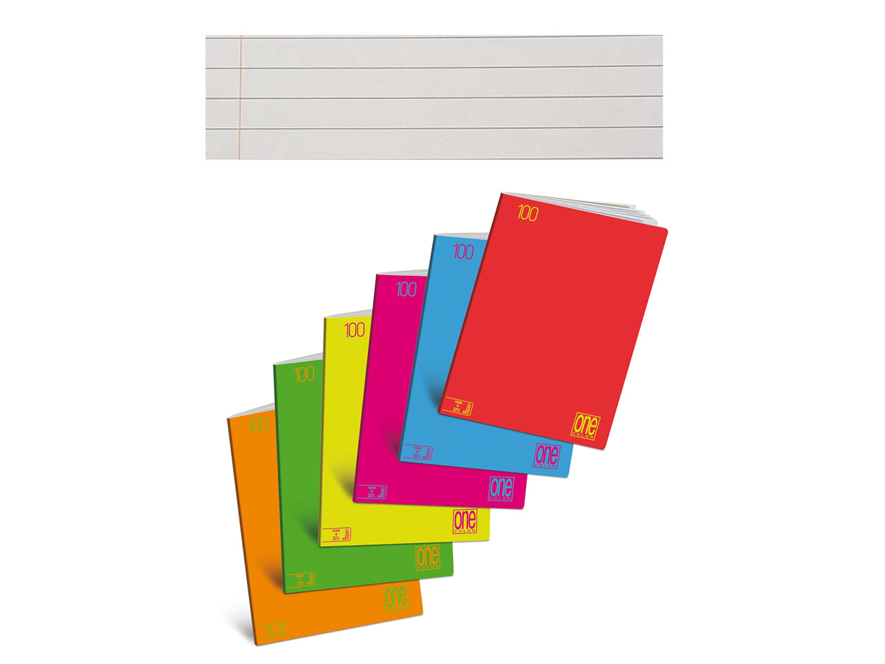 Maxi quaderni One Color Fluo rigatura C con margine ad alta fogliazione 24+1 da 100gr e copertina 240gr in confezione da 10 maxi di colori assortiti