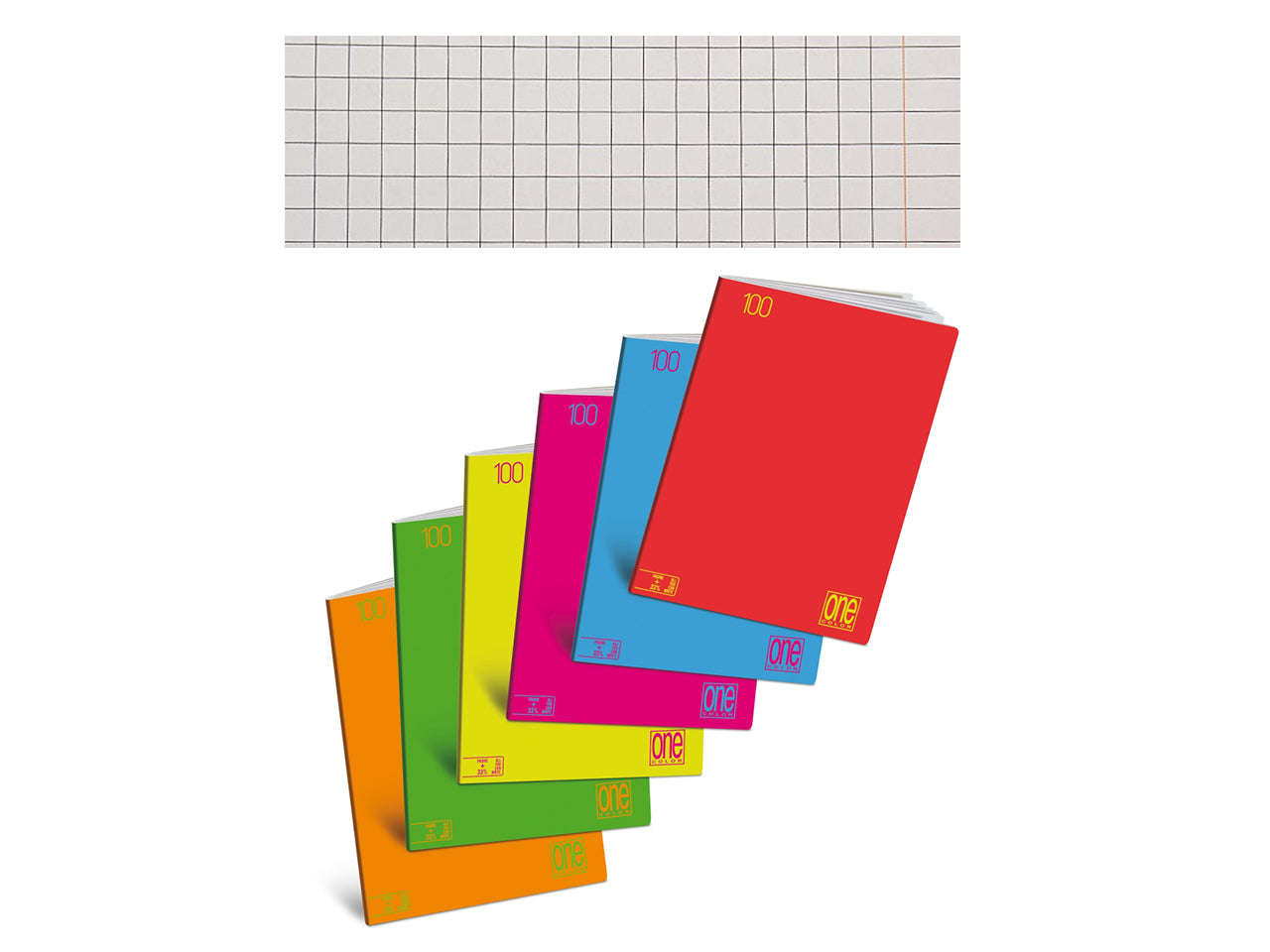 Maxi quaderni One Color Fluo rigatura Q con margine ad alta fogliazione 24+1, 96 facciate da 100gr e copertina 240gr in confezione da 10 maxi di colori assortiti
