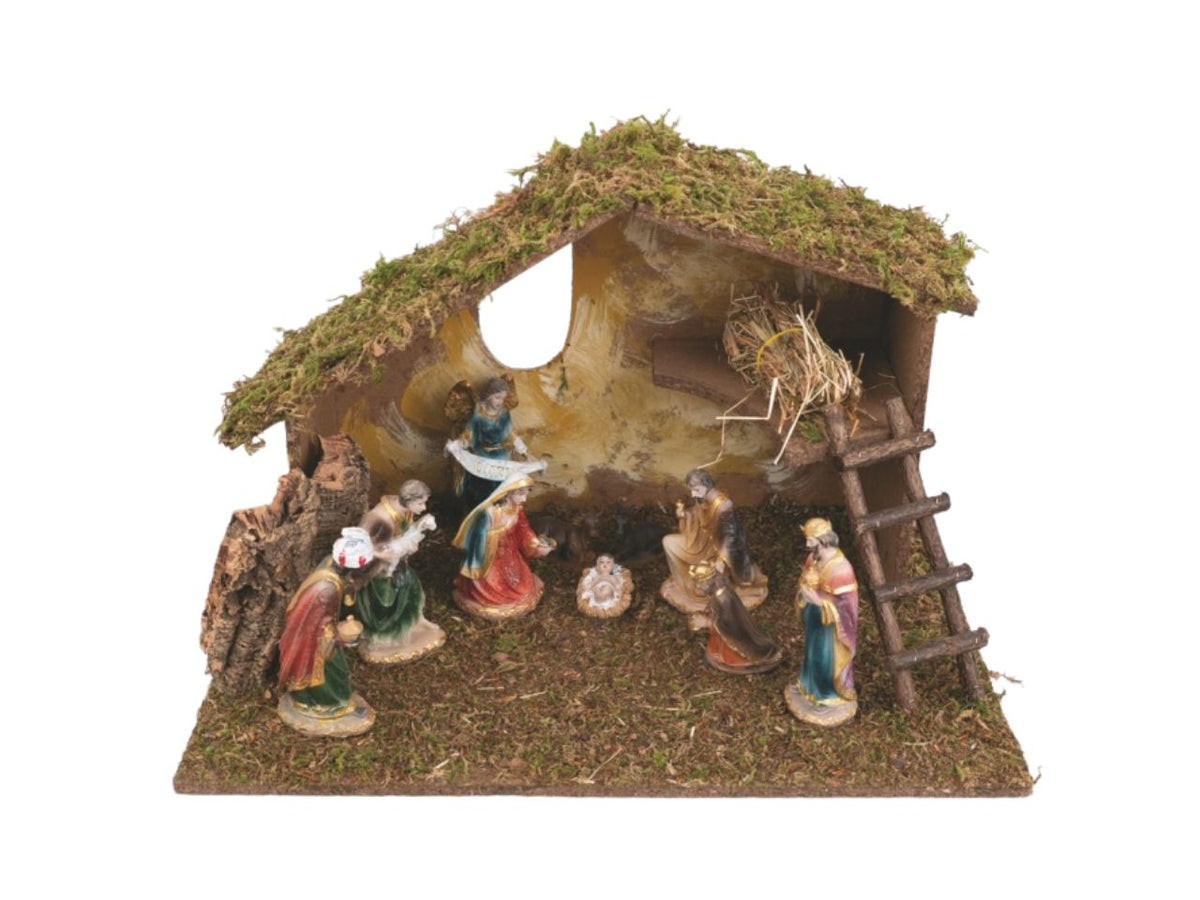 Capanna per presepe in legno con natività in resina 55x35x36cm 10 figure