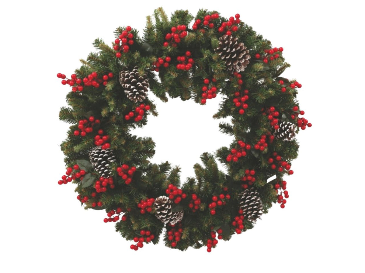 Corona natalizia pvc verde decoro bacche e pigne 80cm
