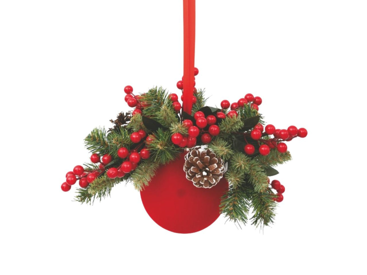 Palla natalizia in velluto 15cm rossa decoro bacche e pigne