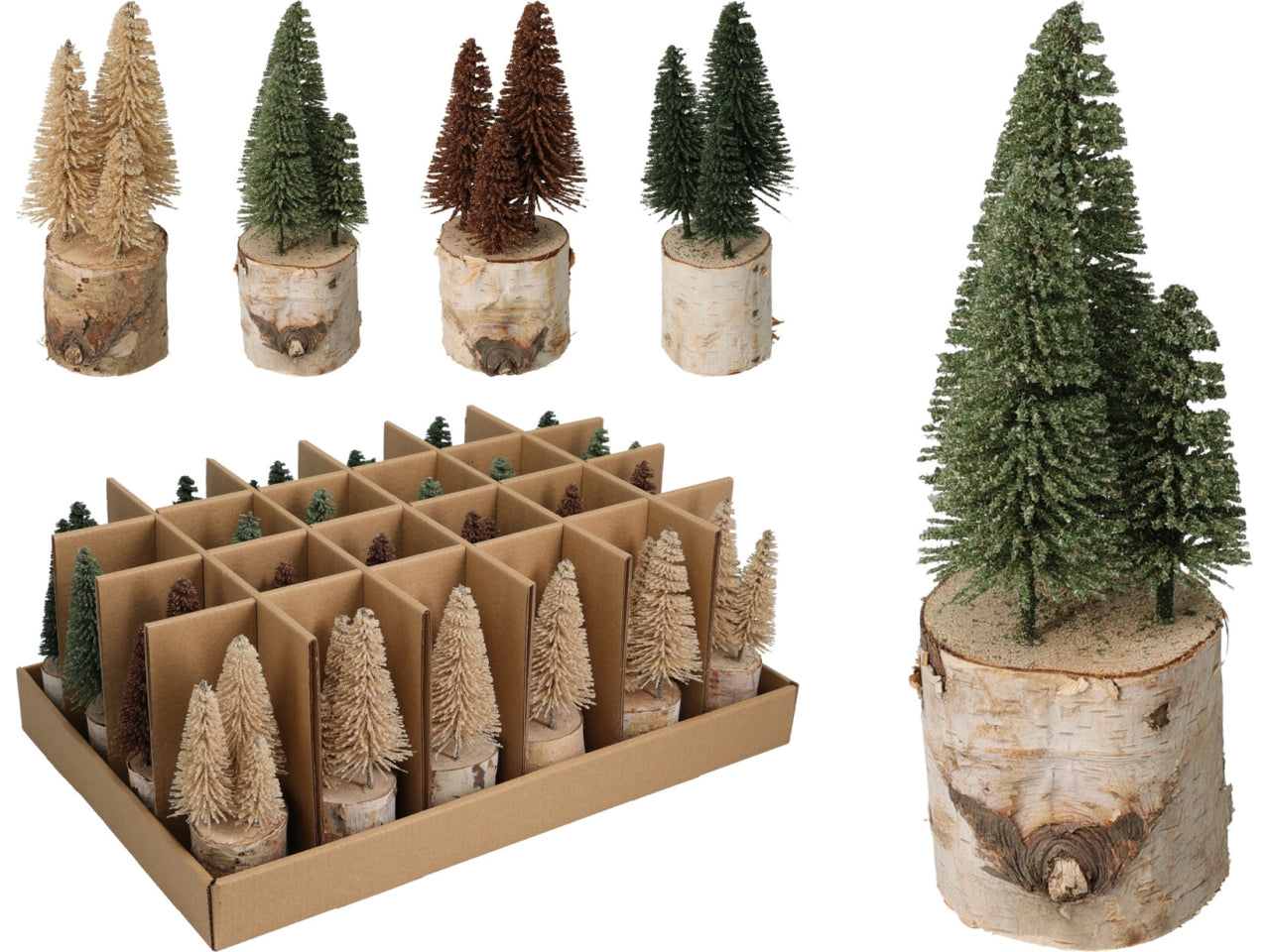 Tris di alberi natalizi 15cm con base in legno, 4 assortimenti