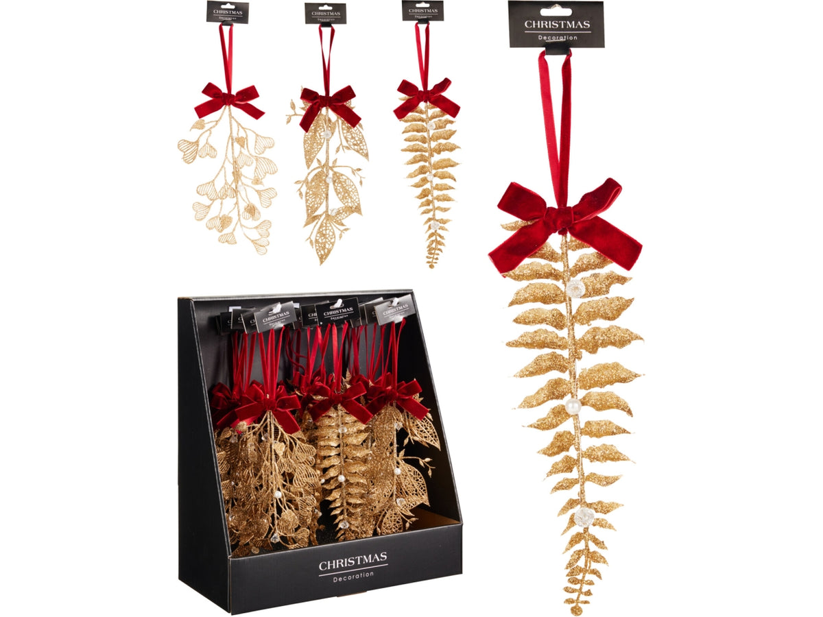 Appendino natalizio foglia pendente 25cm oro per albero, 3 fantasie assortite