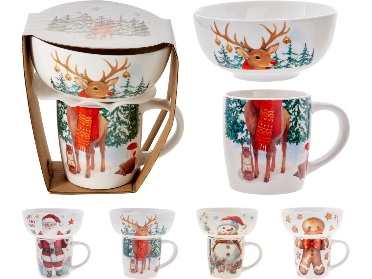 Set natalizio ciotola e tazza in porcellana, 4 fantasie assortite