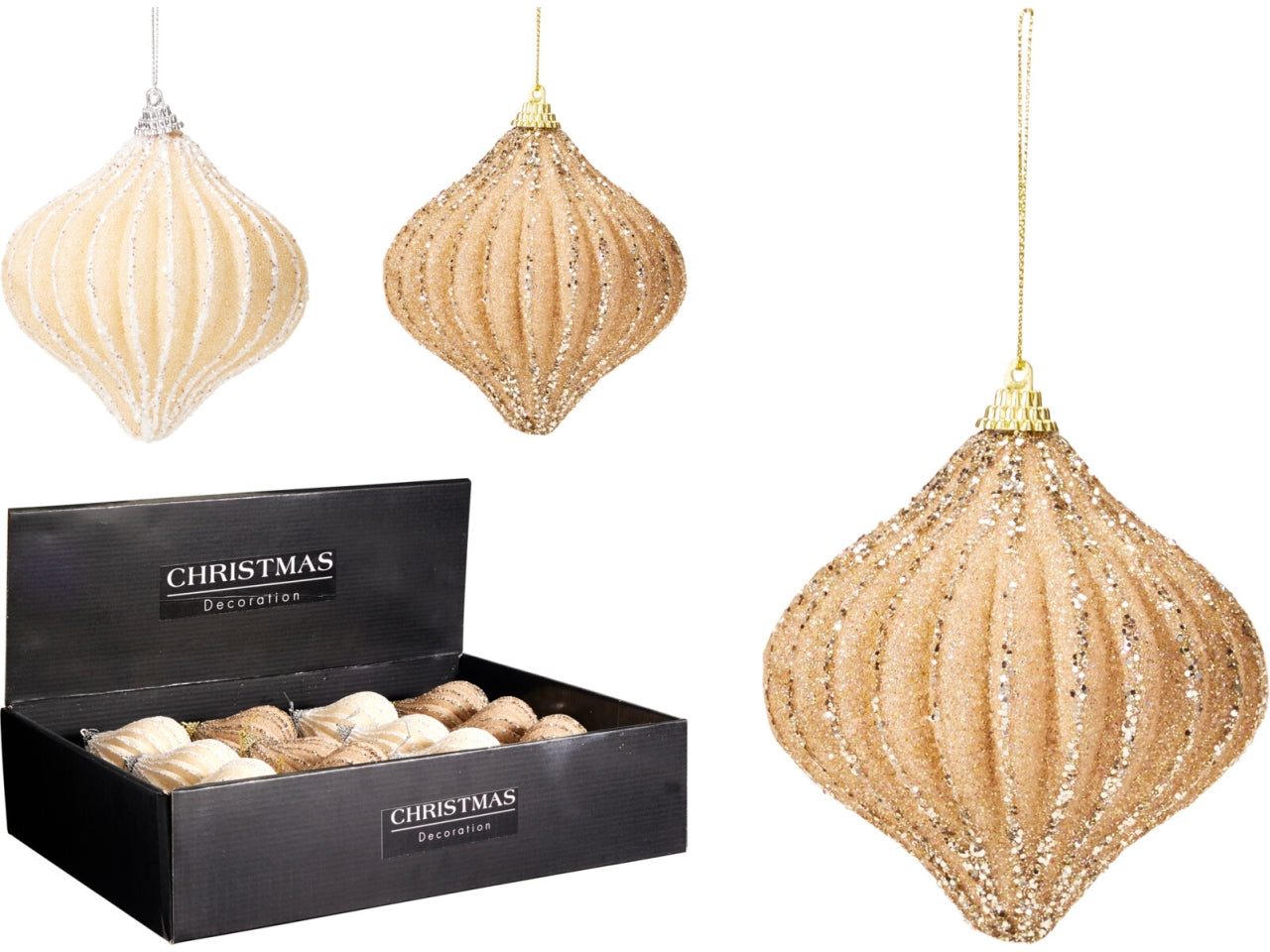 Palla cipolla natalizia in vetro 10cm per albero, 2 colori assortiti