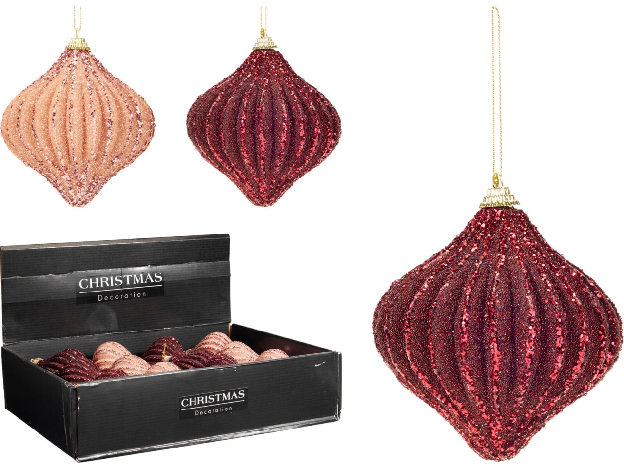 Palla cipolla natalizia in vetro 10cm per albero, 2 colori assortiti