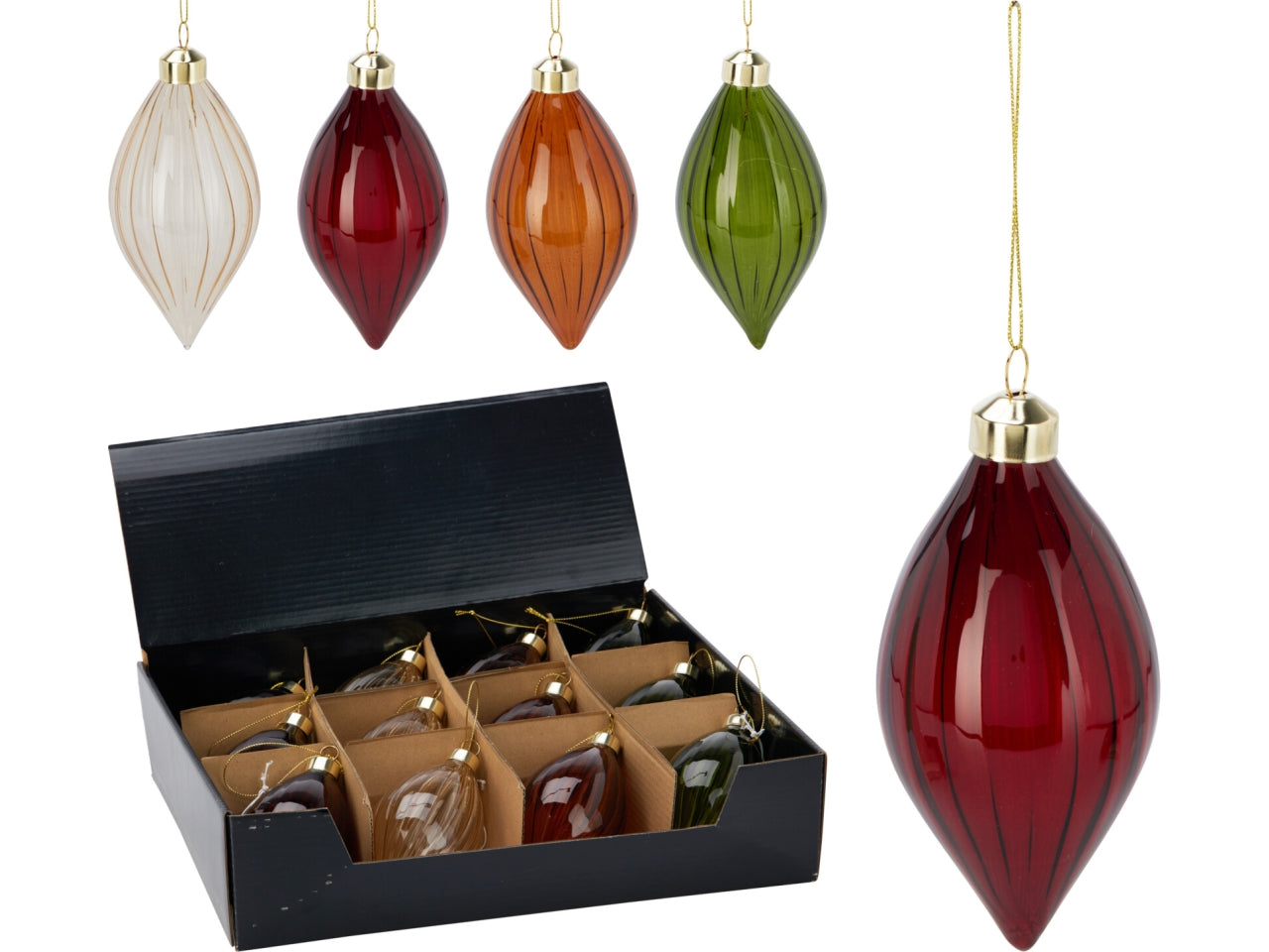 Palla natalizia a goccia in vetro 12cm per albero, 4 colori assortiti