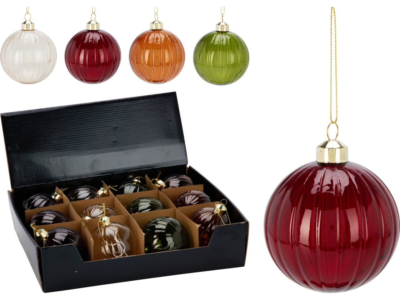 Palla natalizia in vetro 8cm per albero, 4 fantasie assortite