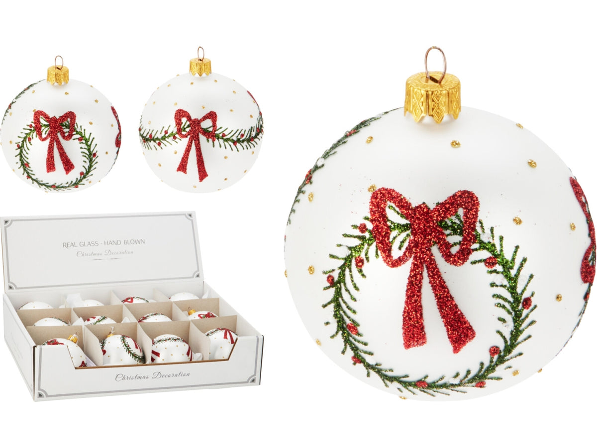 Palla natalizia in vetro con fiocco 8cm per albero, 2 fantasie assortite