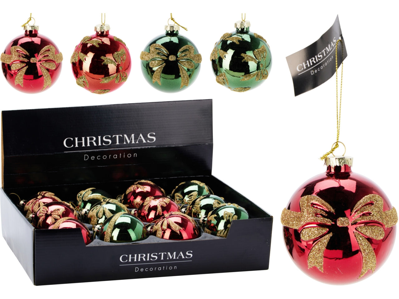 Palla natalizia in vetro con fiocco 8cm per albero, 4 colori assortiti