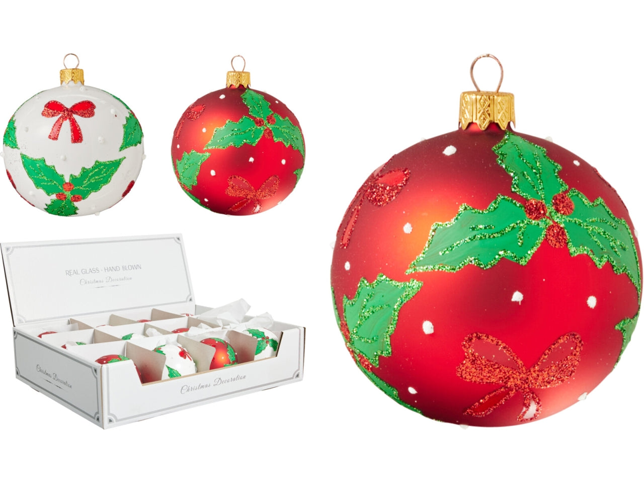 Palla natalizia in vetro 8cm con decoro vischio, 4 fantasie assortite