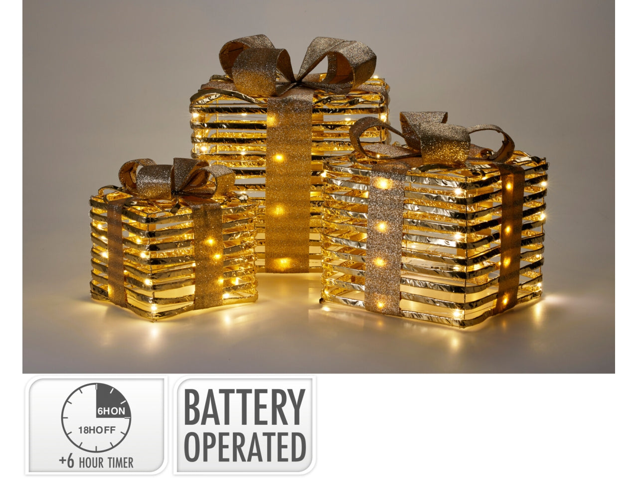 Scatole regalo natalizie set 3 pezzi con led oro