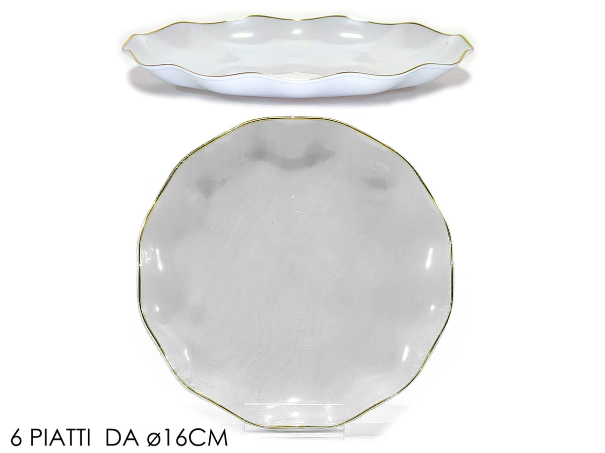 Piatti 16cm in plastica bianco con bordo oro, confezione da 6 piatti