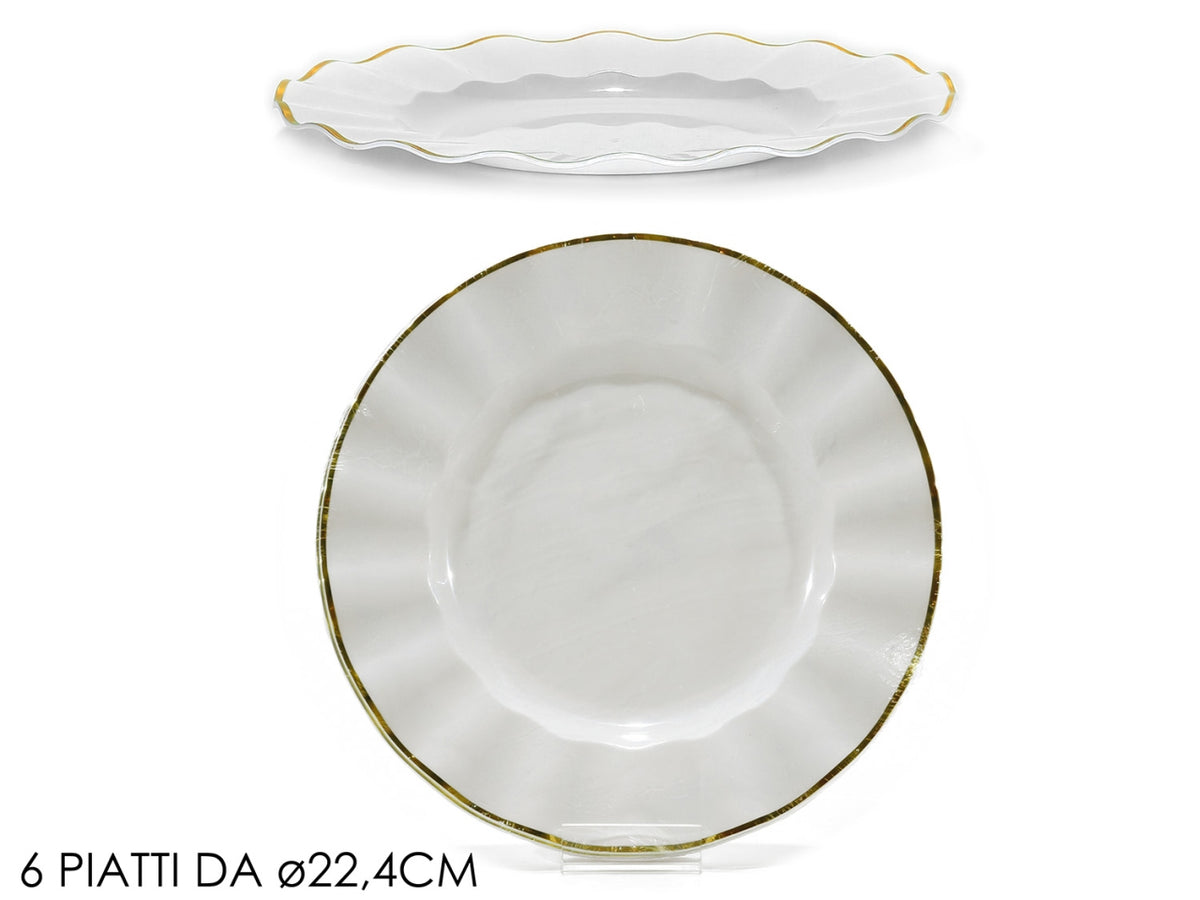 Piatti 22,4cm in plastica bianco con bordo oro, confezione da 6 piatti