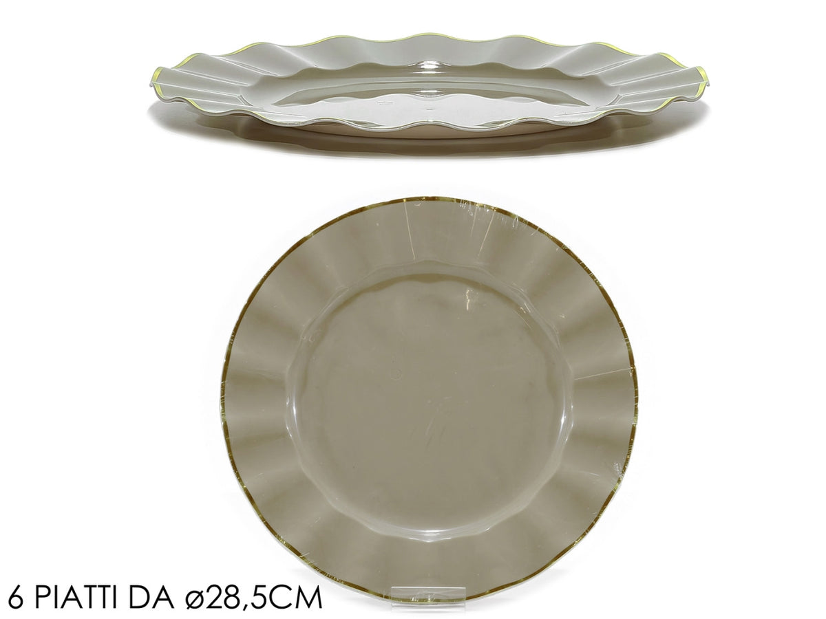 Piatti 28,5cm in plastica tortora con bordo oro, confezione da 6 piatti