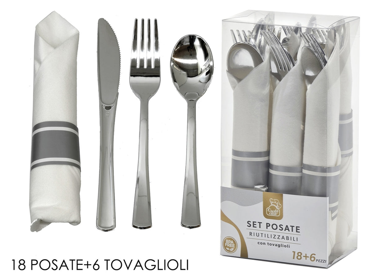 Posate riutilizzabili in plastica, set da 18 pezzi silver con 6 tovaglioli