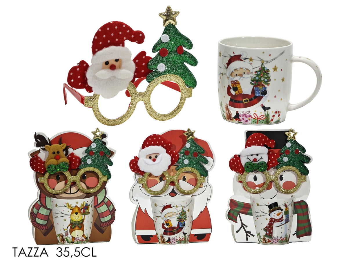 Tazza in ceramica 35,5cl con occhiali, 3 varianti assortite