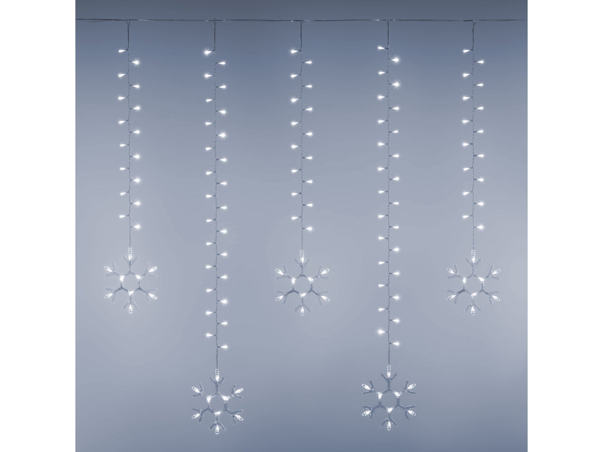 Tenda luci 600 led bianco e 20 fiocchi di neve con giochi di luce, telecomando, cavo trasparente 500xh.105cm per uso interno/esterno