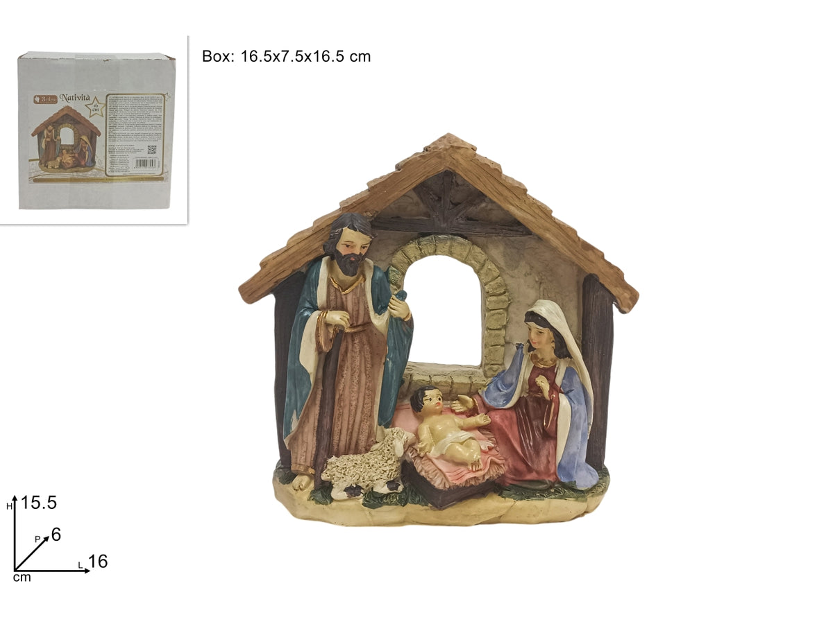 Natività con capanna e pecorella 16cm in resina