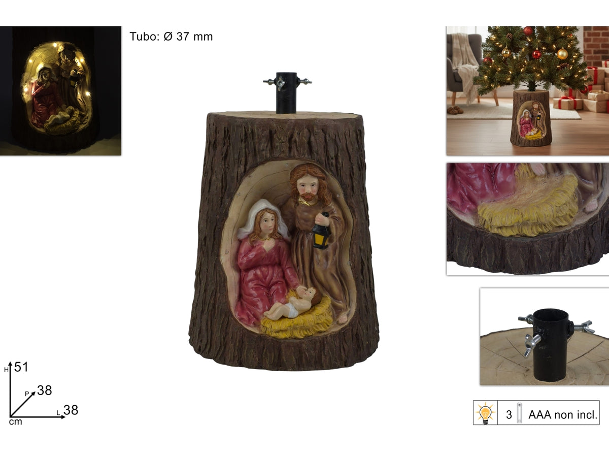 Base albero tronco marrone 51cm con natività e luce a batteria