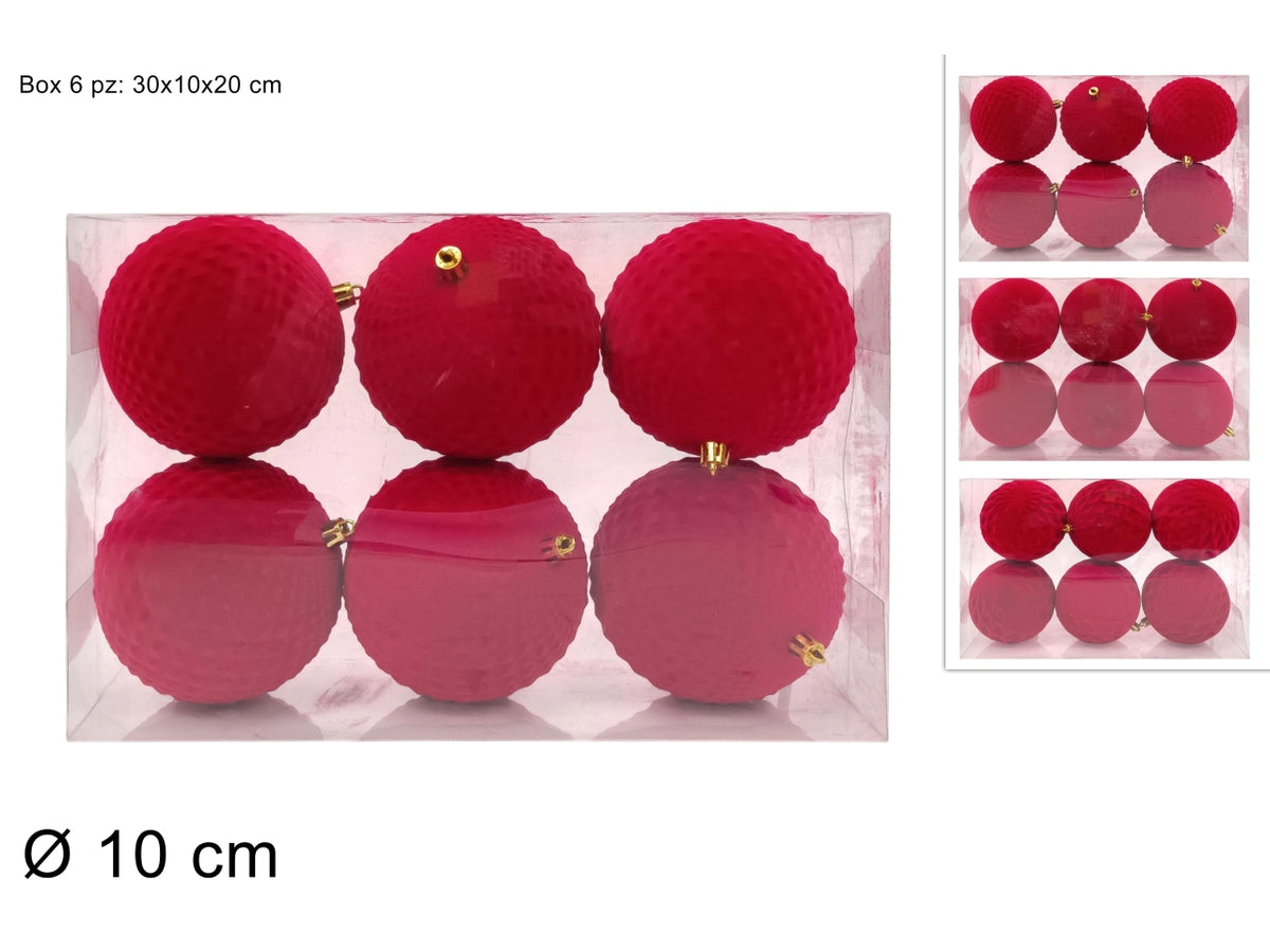 Palle 10cm in confezione da 6 pezzi floccata rossa assortita