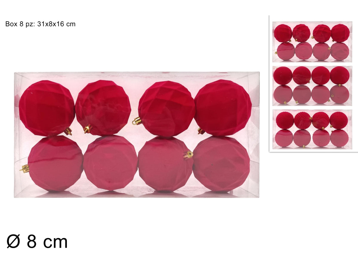 Palle 8cm in confezione da 8 pezzi floccata rossa assortita