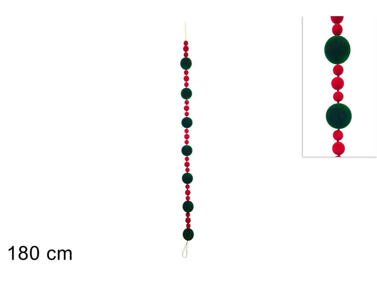 Ghirlanda 180cm con palline in velluto rosso e verde