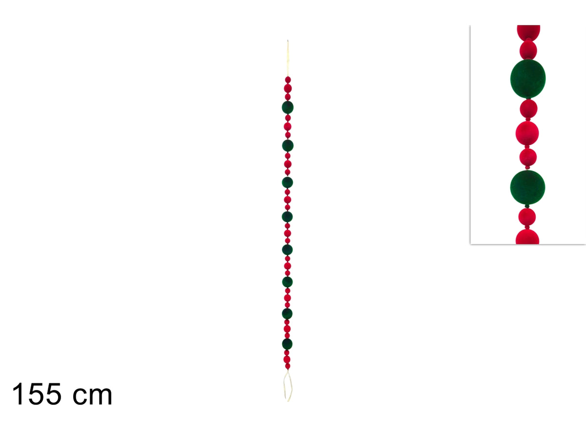 Ghirlanda 155cm con palline in velluto verde e rosso