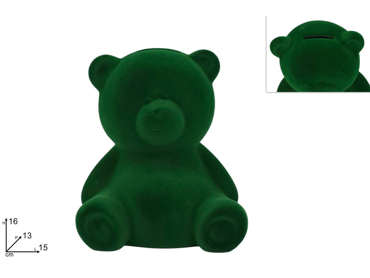 Orsetto salvadanaio 16cm effetto velluto verde