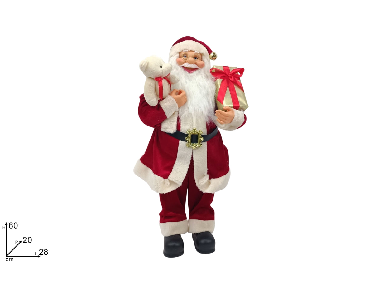 Babbo Natale 60cm con orsetto e pacco regalo