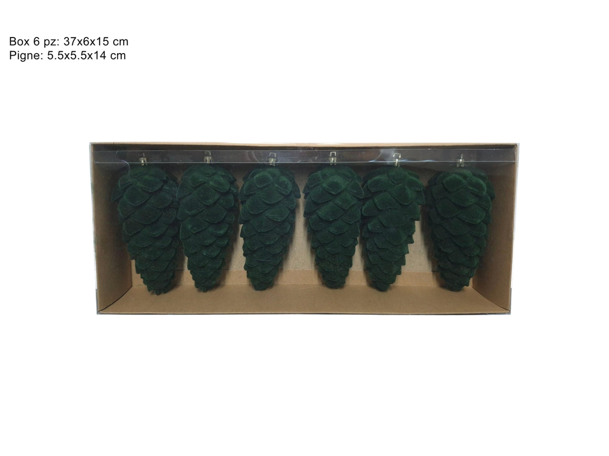 Set 6 pigne decorative natalizie in velluto verde da 14cm