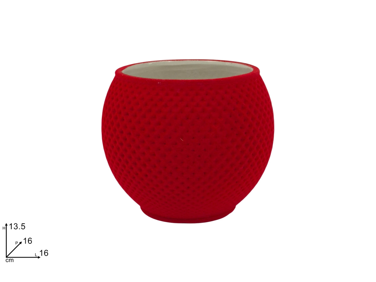 Vaso bombato in ceramica 16xh13,5cm con effetto floccato rosso
