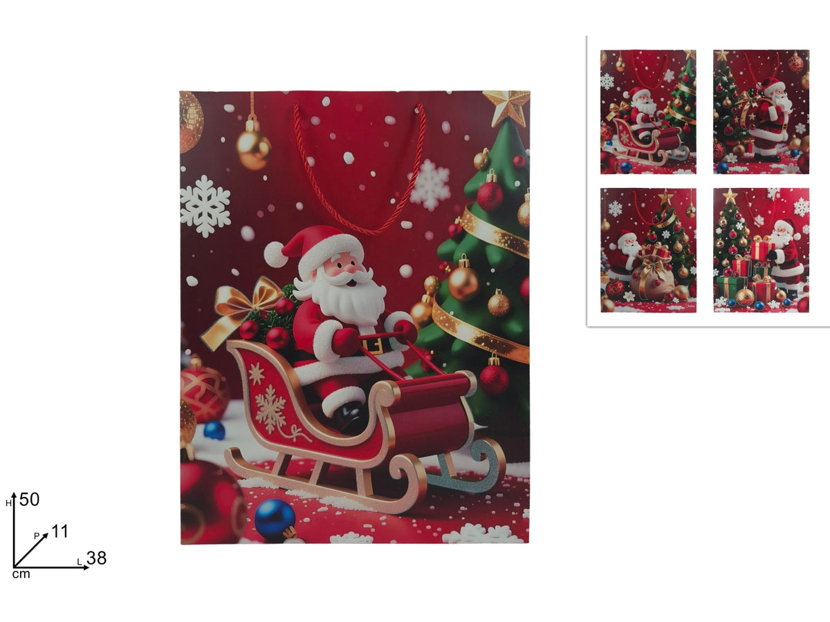 Shopper regalo 50x38x11cm con Babbo Natale glitterato, 4 assortimenti