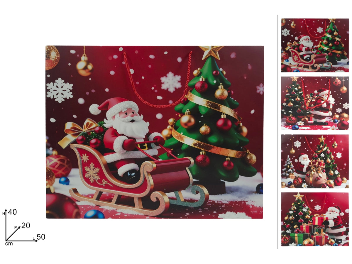 Shopper regalo orizzontale 50x40x20cm con Babbo Natale glitterato, 4 assortimenti